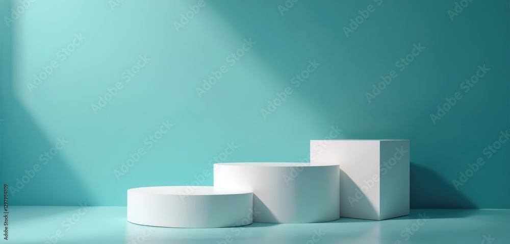 Poster three white geometric podiums on cyan background. round, square shapes. abstract showcase stage plat