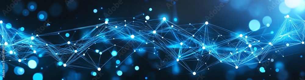 Poster a dynamic digital abstract representation featuring glowing blue lines and dots. this image embodies