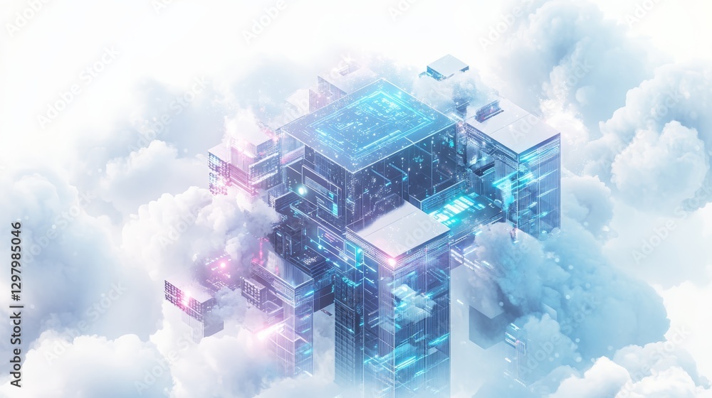 Aufkleber a futuristic digital structure emerges amidst soft clouds, blending technology with ethereal element