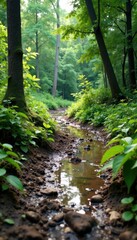 Obraz premium Muddy terrain with overgrown vegetation and weathered wood, rugged, muddy, grunge background