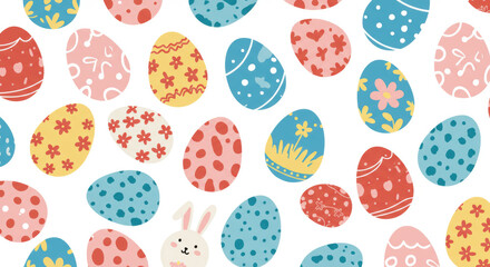 A colorful Easter banner or background illustration consisting of various patterned Easter eggs and a little bunny