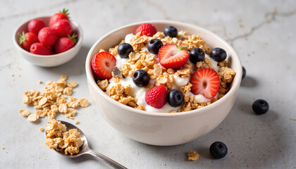 Bowl of granola with berries and yogurt on gray background