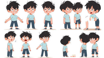 Cartoon boy character constructor set in different poses, front, back, and side views.