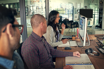 Training, computer and advice with business people in office for teamwork, planning and film...