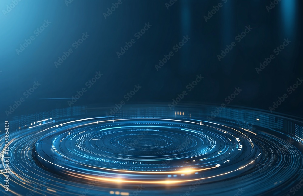 Poster a futuristic abstract design featuring glowing circles and lines, representing innovation and digita