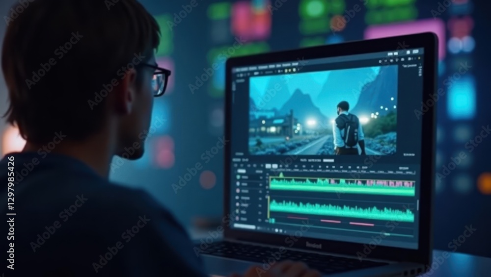 Poster ai video editor. man is using laptop computer to record video