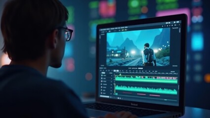 Ai Video Editor. Man is using laptop computer to record video