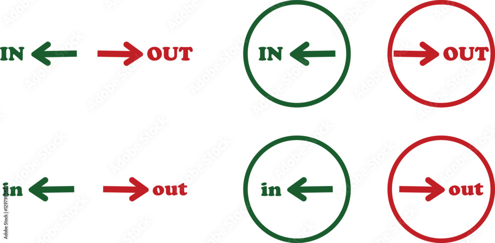 Poster in out arrow icons set. simple arrow big vector collection isolated on transparent background. red o