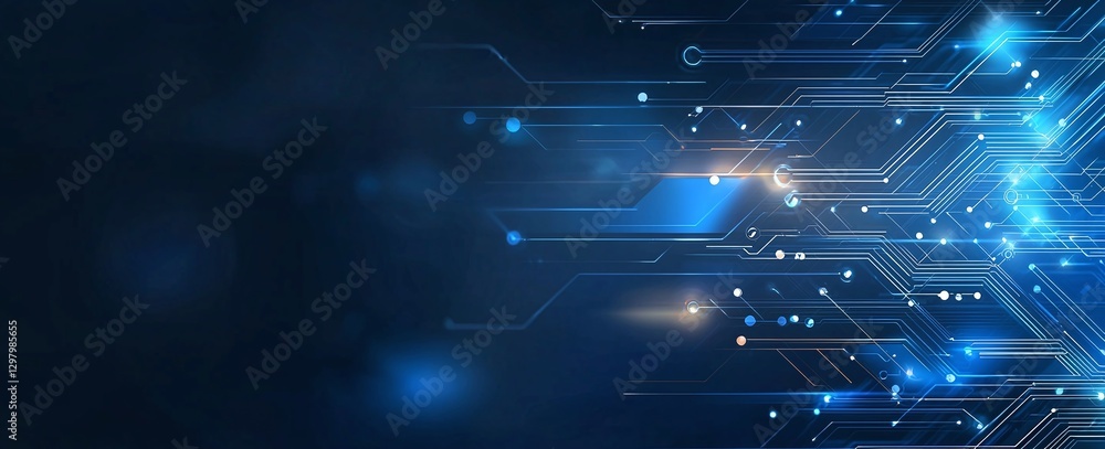 Poster a futuristic background featuring blue digital circuits and glowing nodes. perfect for representing 