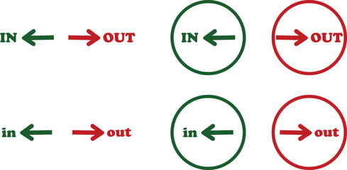 IN OUT arrow icons set. Simple arrow big vector collection isolated on transparent background. Red or green street sign with flat arrow pointing right and left signboard on road for pointing direction