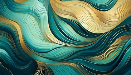 A fluid abstract pattern of flowing lines in gradient shades of blue, green, and gold, creating a smooth, elegant, and dynamic visual effect.