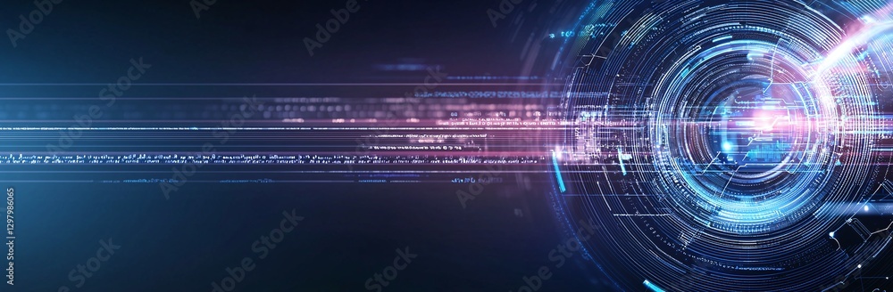 Poster a futuristic digital backdrop featuring vibrant lines and circular patterns, symbolizing advanced te