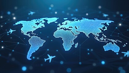 Blue digital network world map with lights, airplane icons global connectivity, travel routes. Perfect for tech, flight business concepts. Visualizes international communication, innovation, datum,