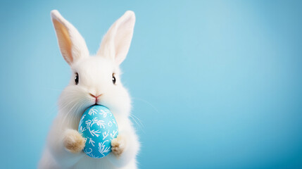 Obraz premium A charming Easter bunny with a fluffy white coat, holding a vibrant blue egg in its paws. The background is a calming blue, with light pastel hues that evoke the Easter season. The