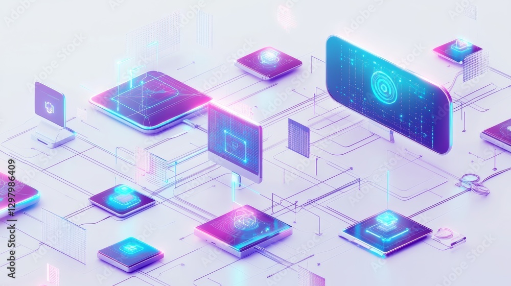 Poster a vibrant digital illustration showcasing futuristic devices interconnected with data visualizations