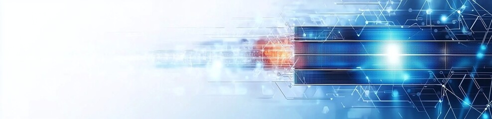 A futuristic digital background showcasing vibrant light beams and intricate geometric patterns, ideal for presentations and tech-related designs.