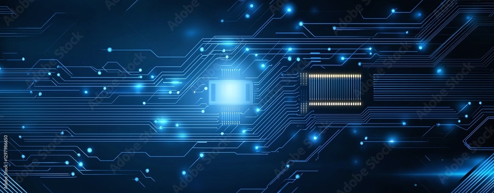 Poster a futuristic digital circuit board with glowing elements, illustrating the concept of advanced techn