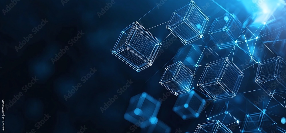Poster a futuristic digital framework showcasing abstract cubes connected by glowing lines, representing ad
