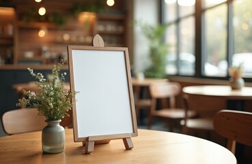 White blank restaurant menu board stands on wooden table near vase with flowers. Template for cafes advertising, indoor dining, presentation design. Modern, stylish decor, simple customizable