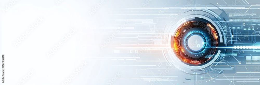 Poster a futuristic digital interface featuring a circular design with glowing elements. the image conveys 