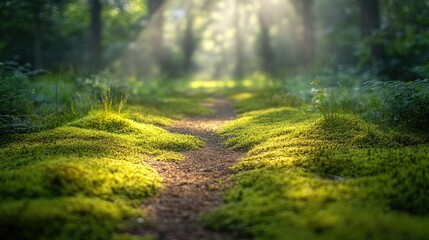 Obraz premium Sunlight filters through trees, illuminating tranquil forest pat