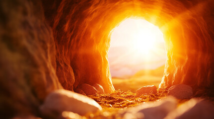 A cave-like empty tomb with an open entrance, bathed in warm sunlight, representing the story of resurrection and spiritual awakening.open tomb, biblical imagery, Christian faith,