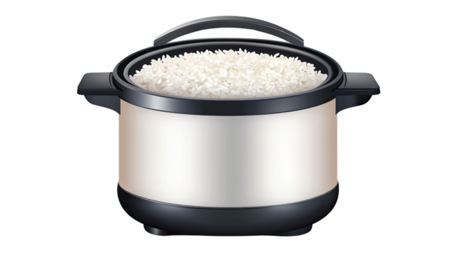 Steaming Rice Pot: A modern electric rice cooker, filled with fluffy, cooked rice, ready to serve, ideal for showcasing culinary convenience.
