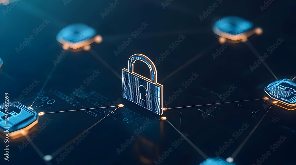 Poster digital padlock security system surrounded by connected network icons in blue and orange tones