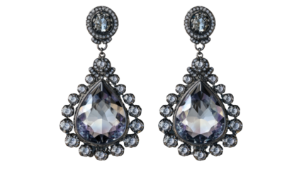 Elegant Smoky Quartz Drop Earrings: A pair of dazzling drop earrings features pear-shaped smoky quartz gemstones encircled by sparkling crystals, set in a dark metal setting with ornate detail.