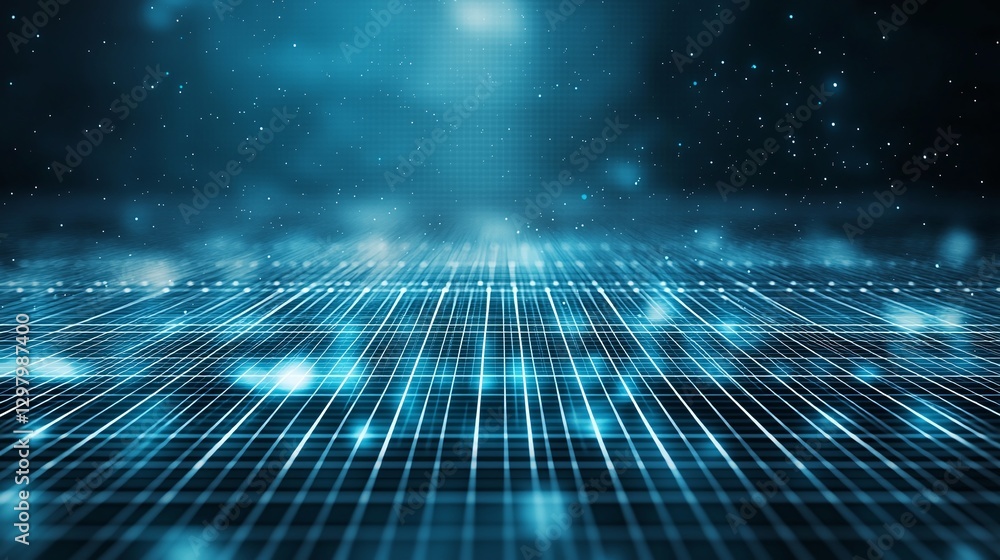 Poster a futuristic digital landscape with a glowing grid pattern. the blue tones create a sense of depth a