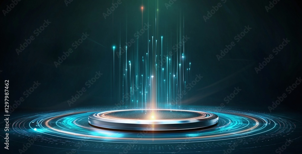 Poster a futuristic digital platform radiating light and energy, symbolizing advanced technology and innova