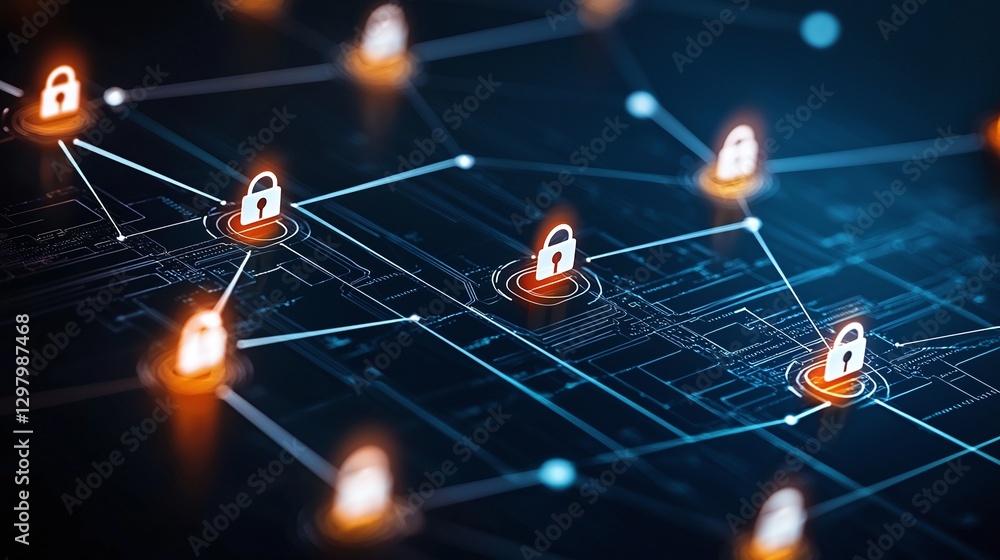 Poster a futuristic digital network with interconnected nodes, highlighting security features through illum