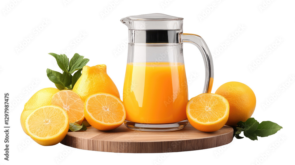 Poster refreshing citrus: a vibrant pitcher of freshly squeezed orange juice is surrounded by ripe oranges 