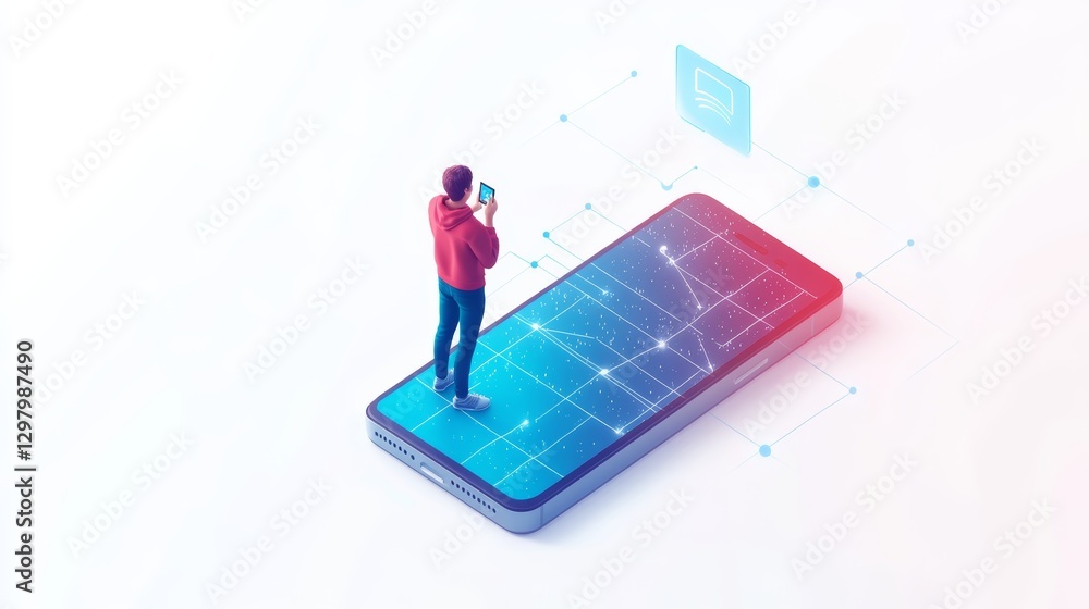 Poster a digital illustration depicting a person interacting with a smartphone on a grid-based screen, symb