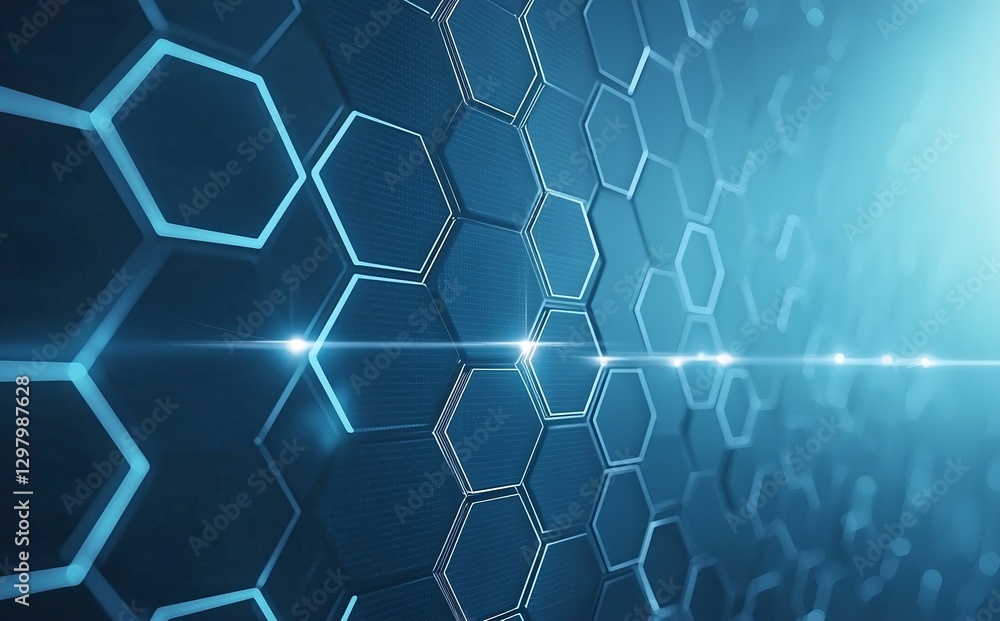 Poster a futuristic hexagonal pattern with glowing edges on a blue background, symbolizing innovation and c
