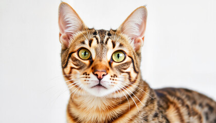 Fototapeta premium Bengal cat looking curiously against a white background