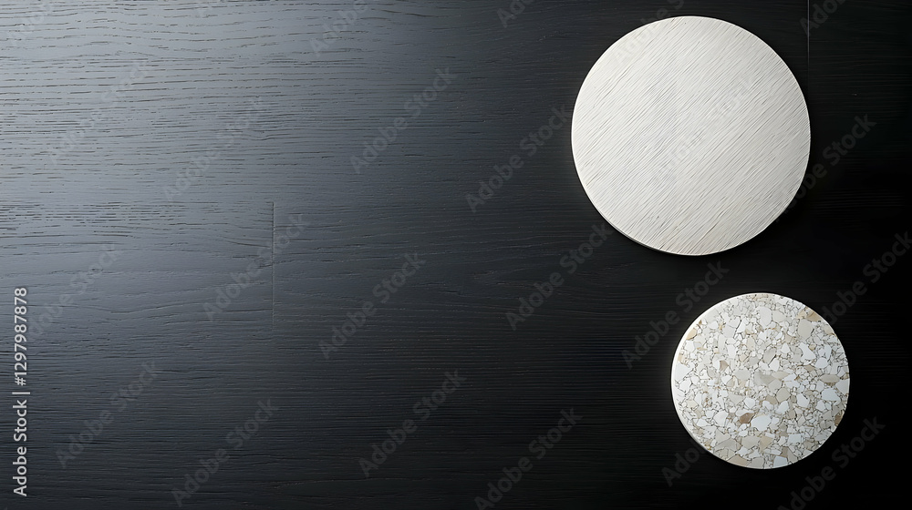 Poster two textured circular elements on black wooden surface with grain shadow and simple geometric patter
