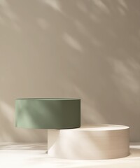 Two double layered of round green and white podium table in dappled sunlight on cream wall for...