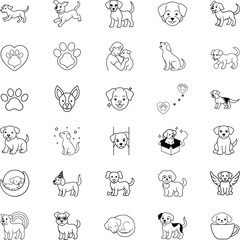 Adorable Puppy Dog Icons Line Art, Paws, Hearts, and Love