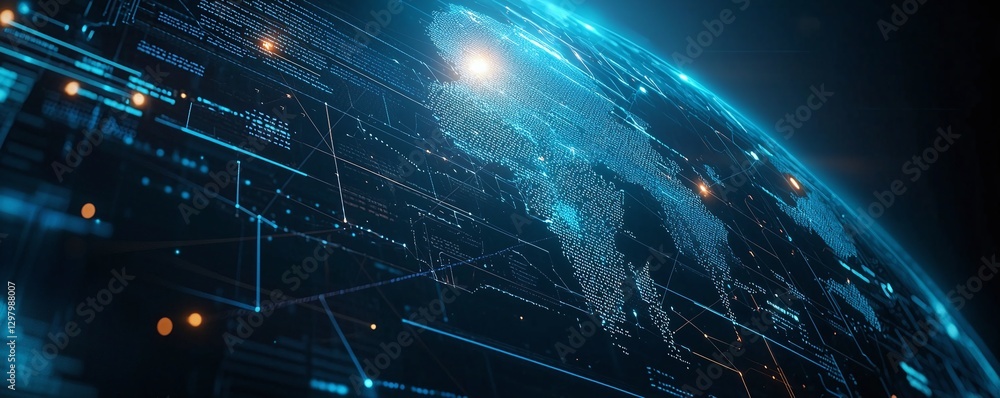 Poster a high-tech visualization of earth with futuristic graphics, showcasing a network of digital connect