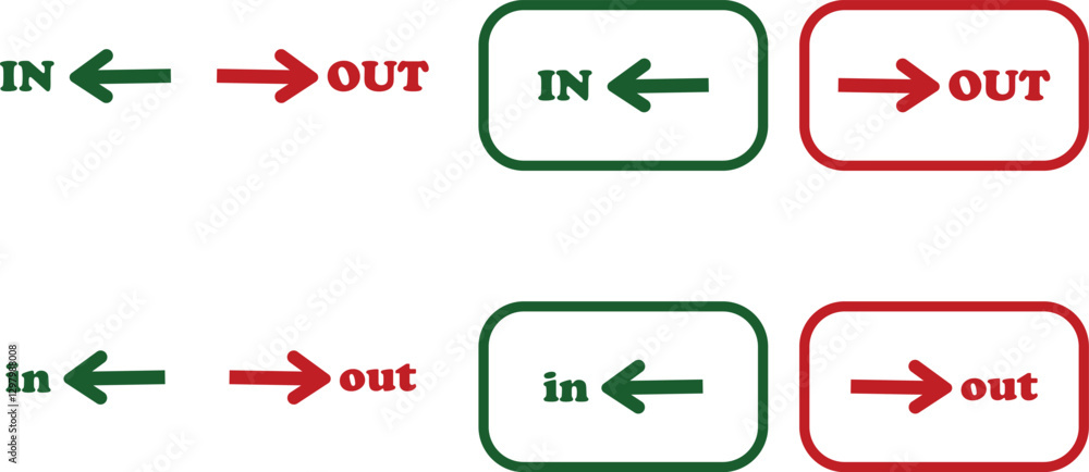 Poster in out arrow icons set. simple arrow big vector collection isolated on transparent background. red o