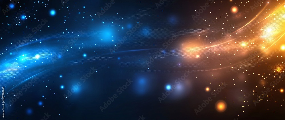 Poster a mesmerizing abstract background featuring dynamic waves of blue and orange, illuminated by sparkli