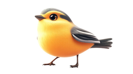 Obraz premium A cheerful, chubby little bird with bright orange feathers and a curious gaze, perched against a clean white background, showcasing its playful 3D animation style.