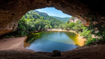 Cave opening overlooking tranquil lake nestled in valley.  Possible use stock photography