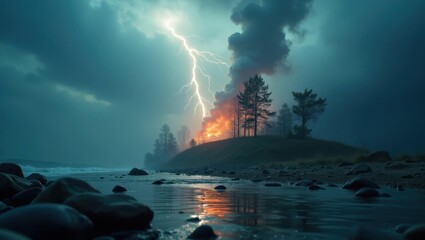 Climate Risk. Lightning strike storm dark clouds burning forest trees