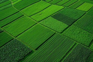 Plant-based ethics concept. Aerial view of vibrant green farmland showcasing various patterns and textures of crops in neatly organized fields.