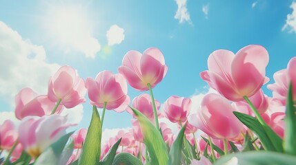 Vibrant Pink Tulips Flourishing in a Field Under a Clear Sky, Captured in High-Definition Clarity