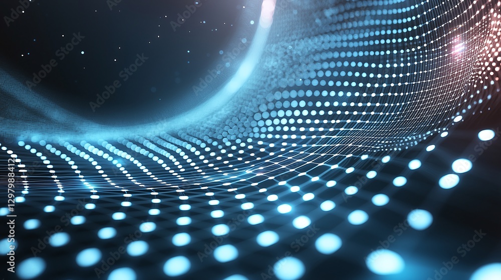 Poster a mesmerizing abstract background showcasing a futuristic wave of glowing blue dots, creating a sens