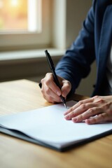 Office worker writing on white note paper with pen , office, writing, office chair
