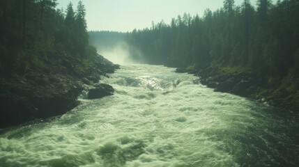 Rushing river flows through lush forest landscape, mist rising a
